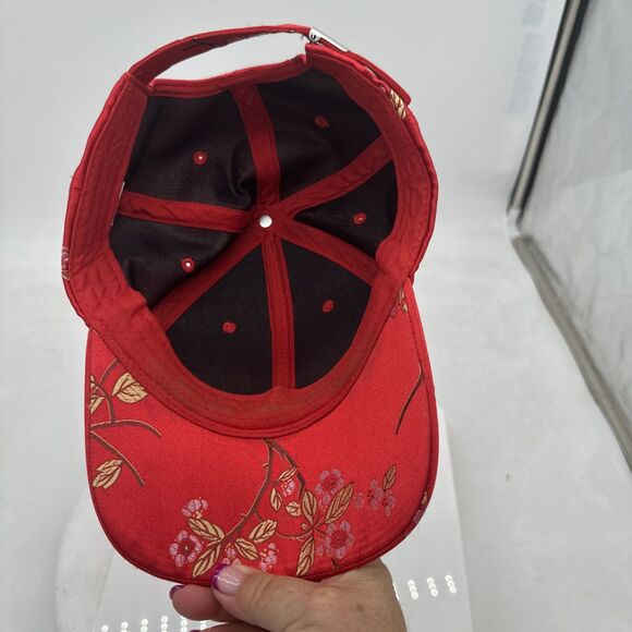 Vintage Asian Oriental Hat Unisex Adult Chinese Floral Red Adjustable Strap Cap - Picture 7 of 9